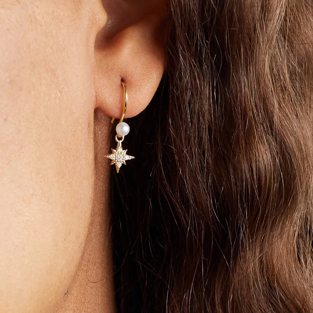 925 Sterling Silver Women's Earrings Octagram CZ Pearl Ear Hook Pendant