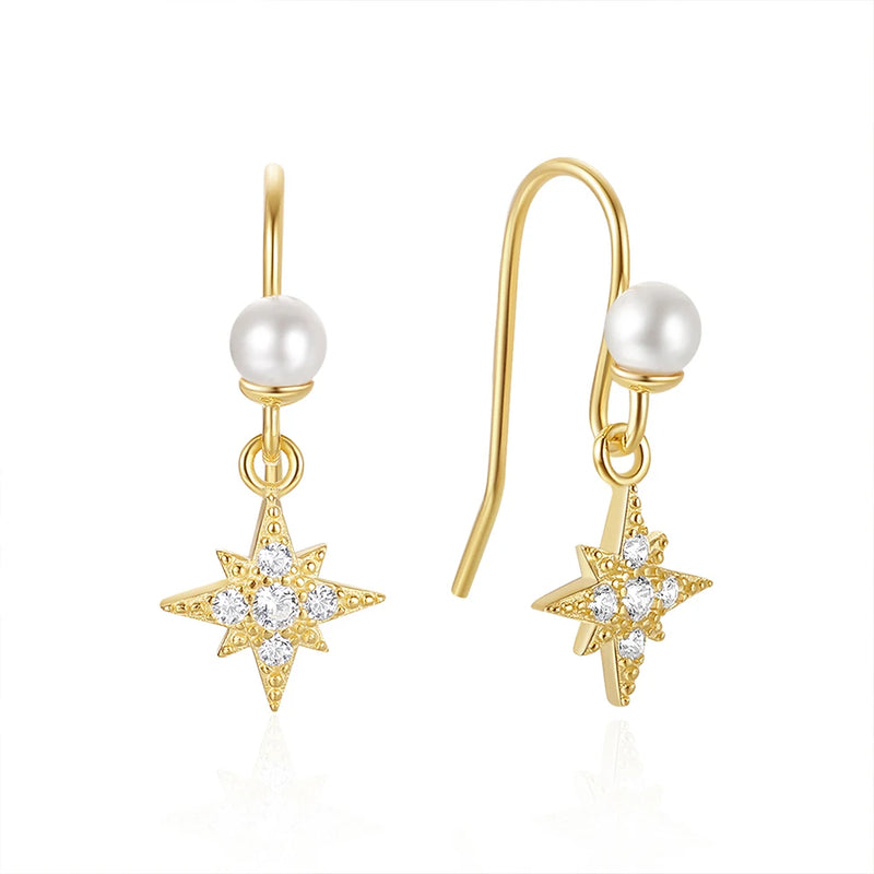 925 Sterling Silver Women's Earrings Octagram CZ Pearl Ear Hook Pendant