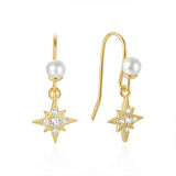 925 Sterling Silver Women's Earrings Octagram CZ Pearl Ear Hook Pendant