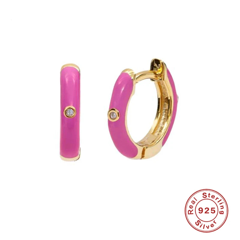 925 Silver Enamel Hoop Earrings Piercing Mom Gift CZ Colors