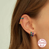 925 Silver Enamel Hoop Earrings Piercing Mom Gift CZ Colors