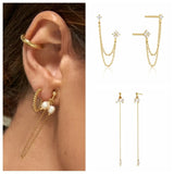 925 Silver Zircon Stud Earrings Women Tassel Chains Pearl Earring Brincos