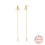925 Silver Zircon Stud Earrings Women Tassel Chains Pearl Earring Brincos