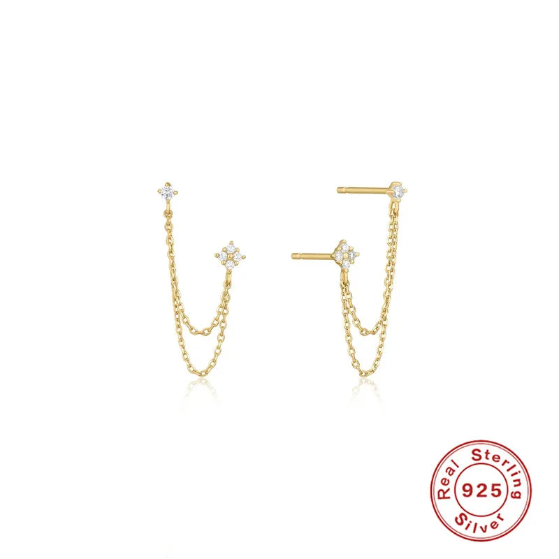925 Silver Zircon Stud Earrings Women Tassel Chains Pearl Earring Brincos