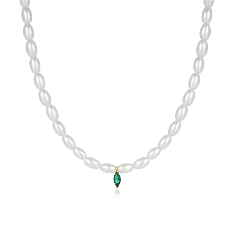 925 Sterling Silver Pearl Necklace Emerald Cross Pendant