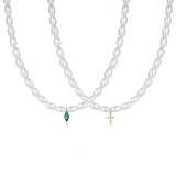 925 Sterling Silver Pearl Necklace Emerald Cross Pendant