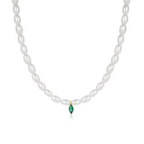 925 Sterling Silver Pearl Necklace Emerald Cross Pendant
