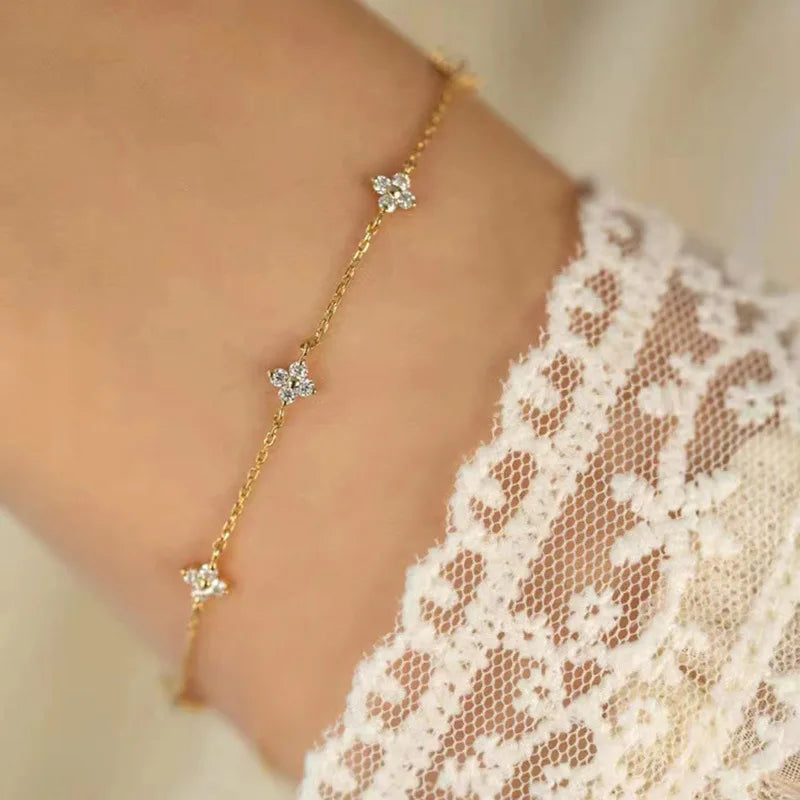 S925 Sterling Silver Bralelets For Women Minimalist Lucky Flower Zircon