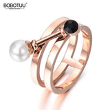 Simulated Pearl & CZ Ring Titanium Steel BR17140
