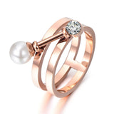 Simulated Pearl & CZ Ring Titanium Steel BR17140