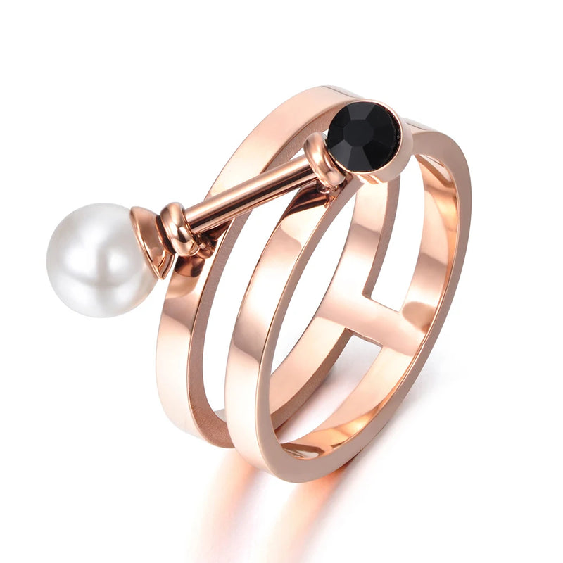 Simulated Pearl & CZ Ring Titanium Steel BR17140