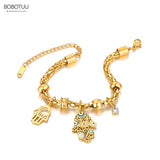 Stainless Steel Fatima Hand Charm Bangle Bracelet Popcorn Chain