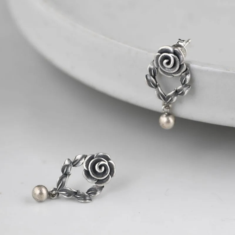 Real S925 Pure Silver Retro Thai Silver Earrings for Women