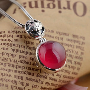 S925 Silver Retro Ball Red Corundum Pendant for Women