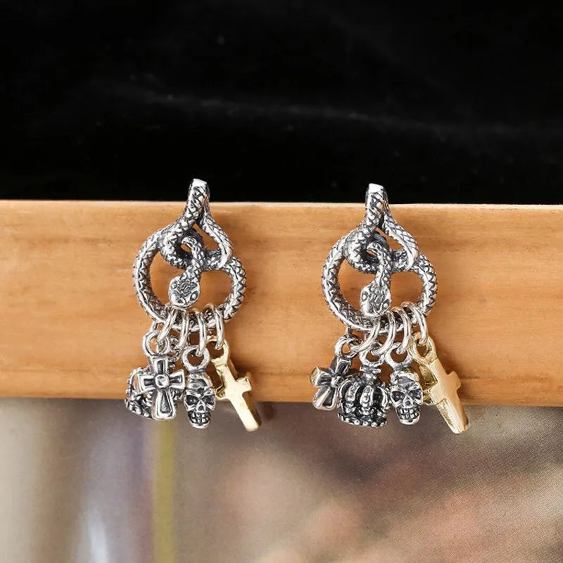 S925 Silver Snake Tassel Pendant Men's Earrings
