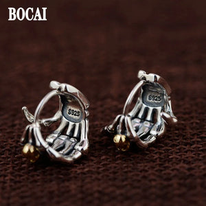 S925 Silver Skull Hands Men's Earrings Retro Punk Style