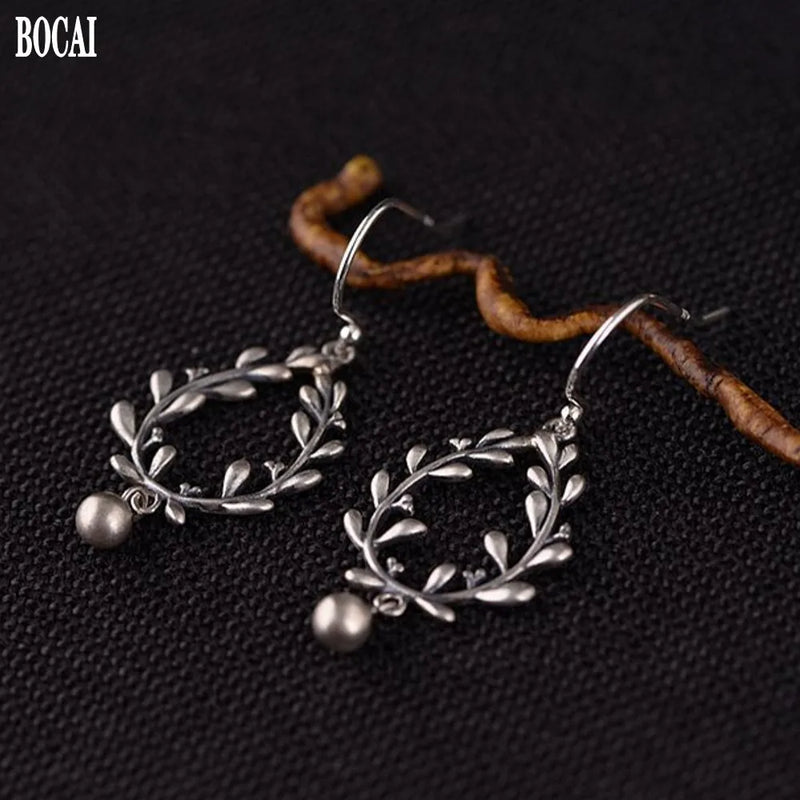 S925 Silver Retro Flower Bead Tassel Earrings