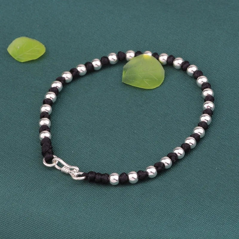 S925 Sterling Silver Couple Bracelet 4mm Bead DIY Hand-Woven Jewelry