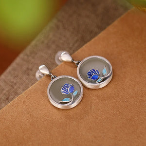 S925 Silver Cloisonne Hetian Jade Retro Rose Earrings