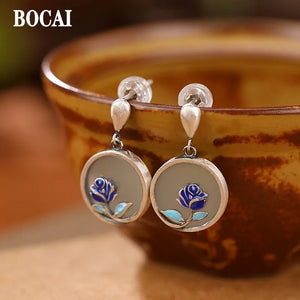 S925 Silver Cloisonne Hetian Jade Retro Rose Earrings