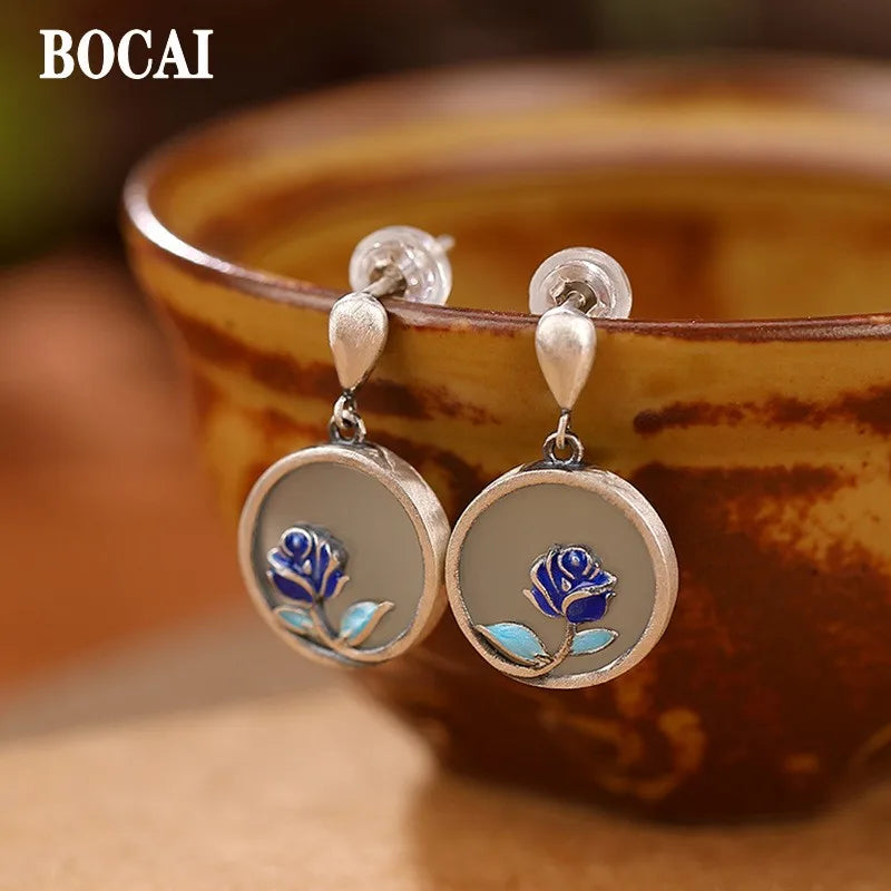 S925 Silver Cloisonne Hetian Jade Retro Rose Earrings