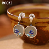 S925 Silver Cloisonne Hetian Jade Retro Rose Earrings