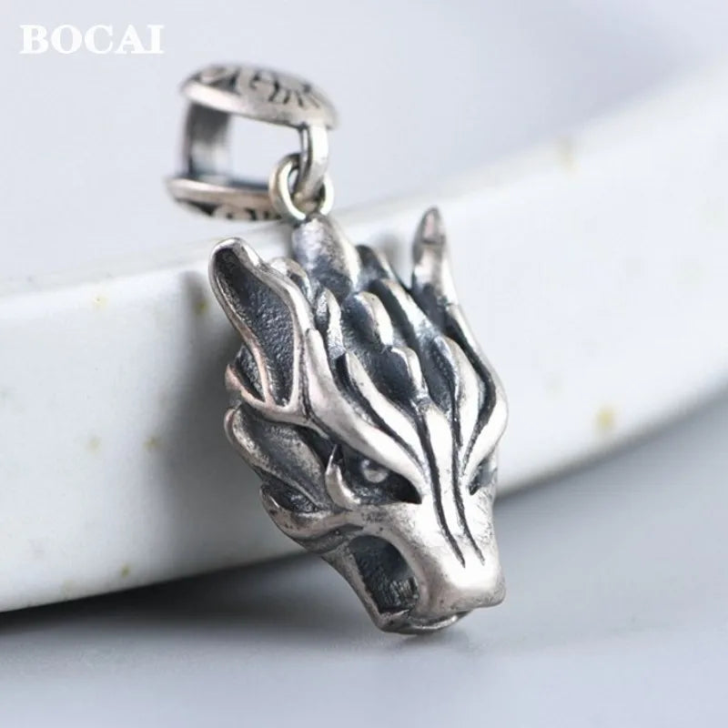 BOCAI S925 Silver Retro Punk Style Wolf Head Man Pendant