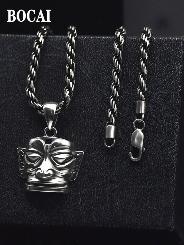 BOCAI Real S925 Silver Jewelry Retro Mask Pendant For Men Birthday