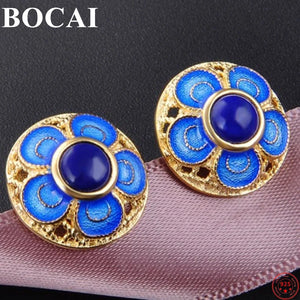 S925 Cloisonne Earrings Lapis Lazuli Red Enamel Ear-studs
