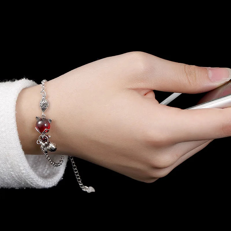 S925 Sterling Silver Bracelet Garnet Fox Thai Silver Hand Female String