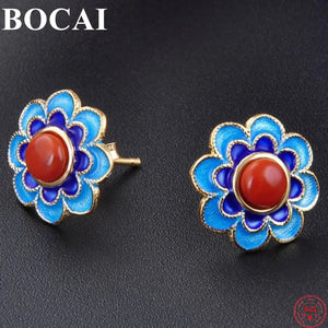 Sterling Silver Cloisonne Earrings Ethnic Style Red Stone Lapis Enamel Jewelry