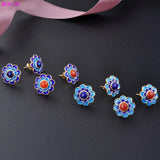Sterling Silver Cloisonne Earrings Ethnic Style Red Stone Lapis Enamel Jewelry