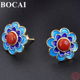 Sterling Silver Cloisonne Earrings Ethnic Style Red Stone Lapis Enamel Jewelry