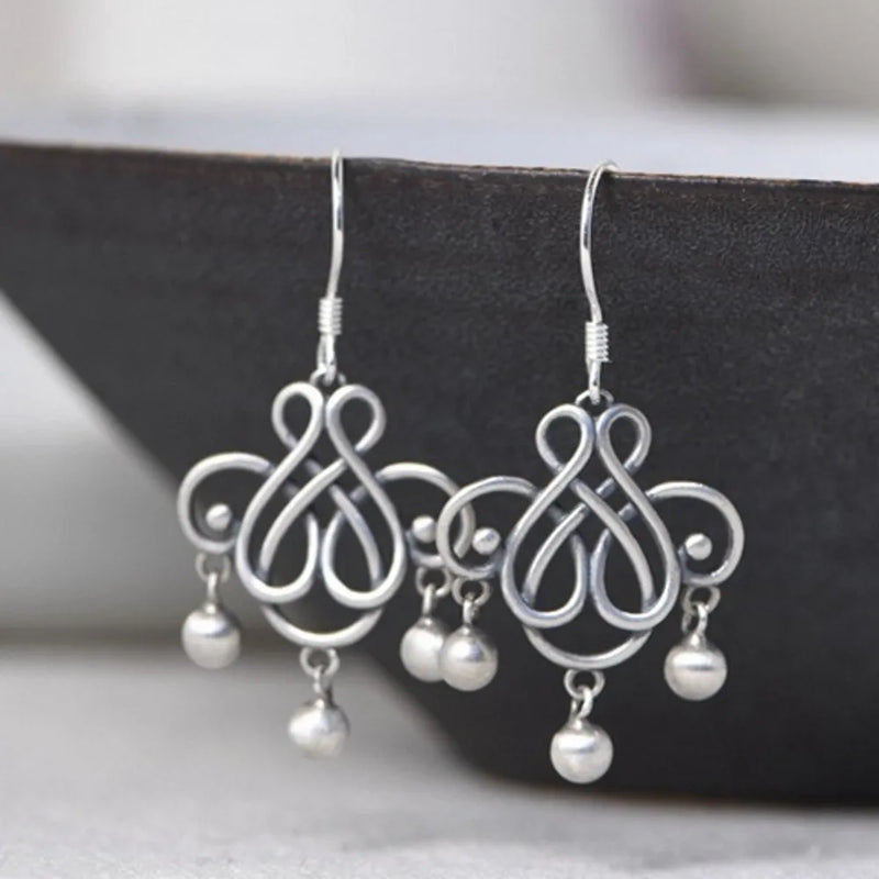 Vintage Thai Silver Earrings Matte Chinese Knot Tassel Earrings