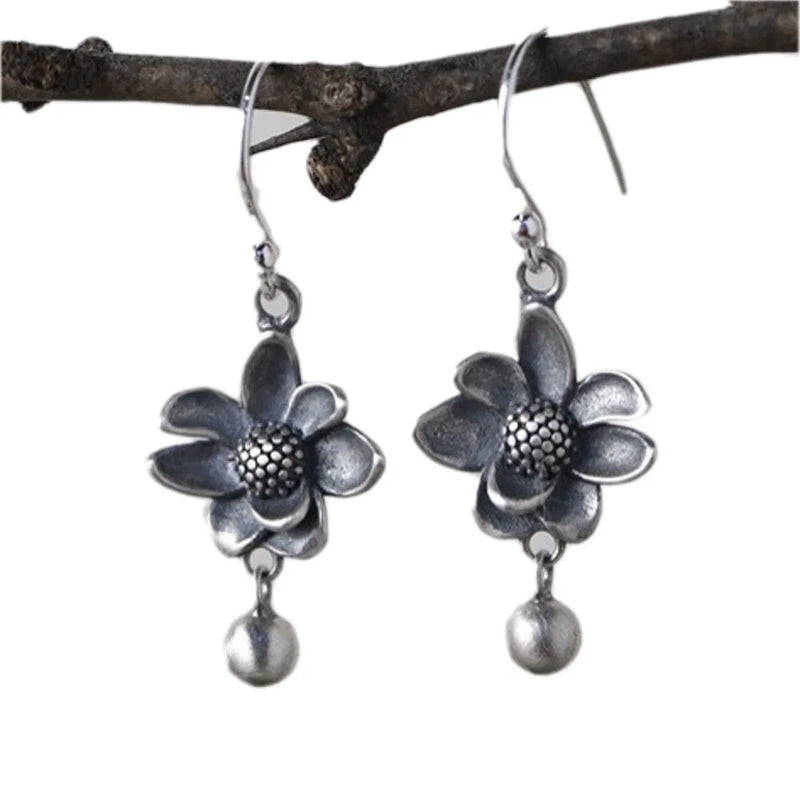 S925 Silver Earrings Sunflower Design Retro Style Women's Jewelry