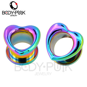 Rainbow Heart Plugs Ear Stretchers Stainless Steel 2 pcs Set