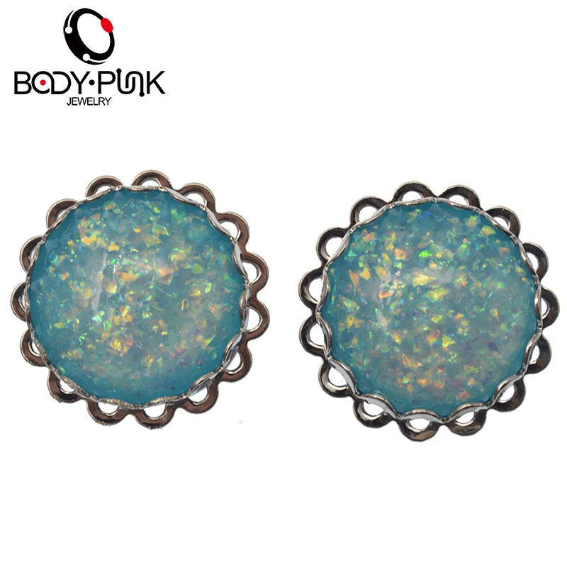 Stainless Steel Opal Ear Plugs Tunnel Piercing Body Jewelry