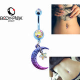 Rainbow Moon Star CZ Navel Piercing 14G Belly Button Ring