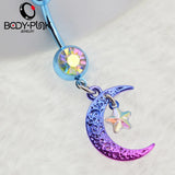 Rainbow Moon Star CZ Navel Piercing 14G Belly Button Ring