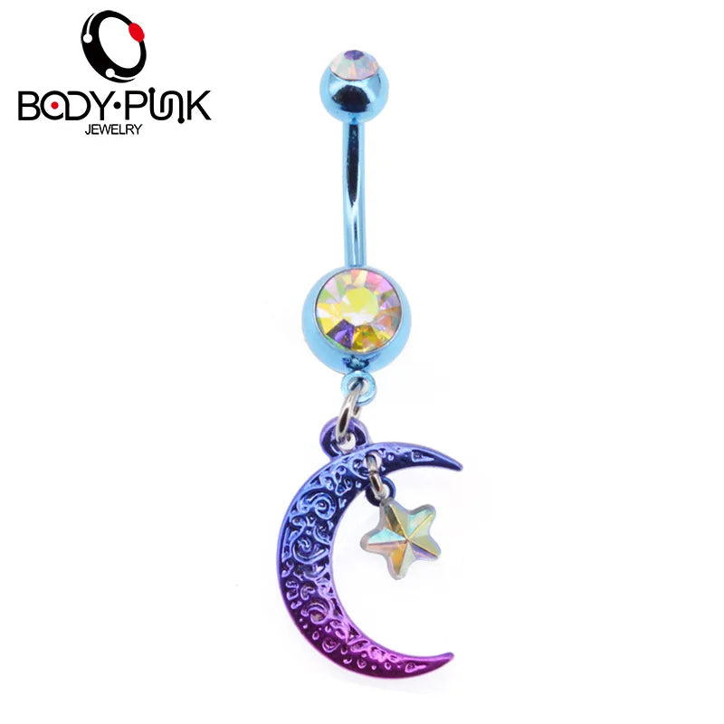 Rainbow Moon Star CZ Navel Piercing 14G Belly Button Ring