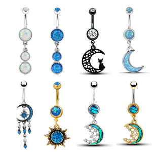 Rainbow Moon Star CZ Navel Piercing 14G Belly Button Ring