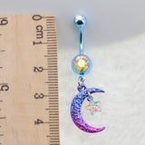 Rainbow Moon Star CZ Navel Piercing 14G Belly Button Ring