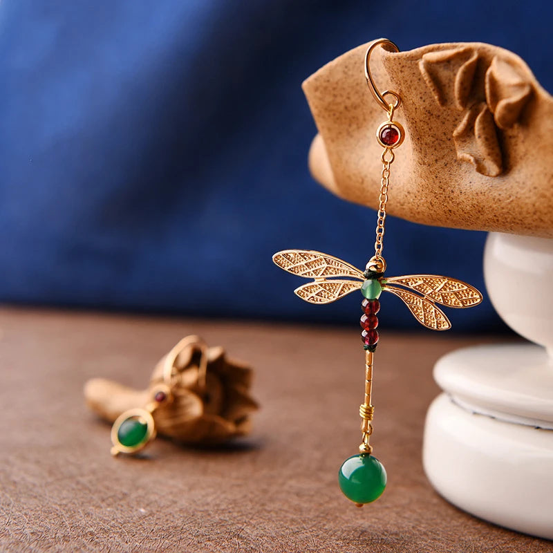 Vintage Dragonfly Stone Bead Dangle Earrings for Women