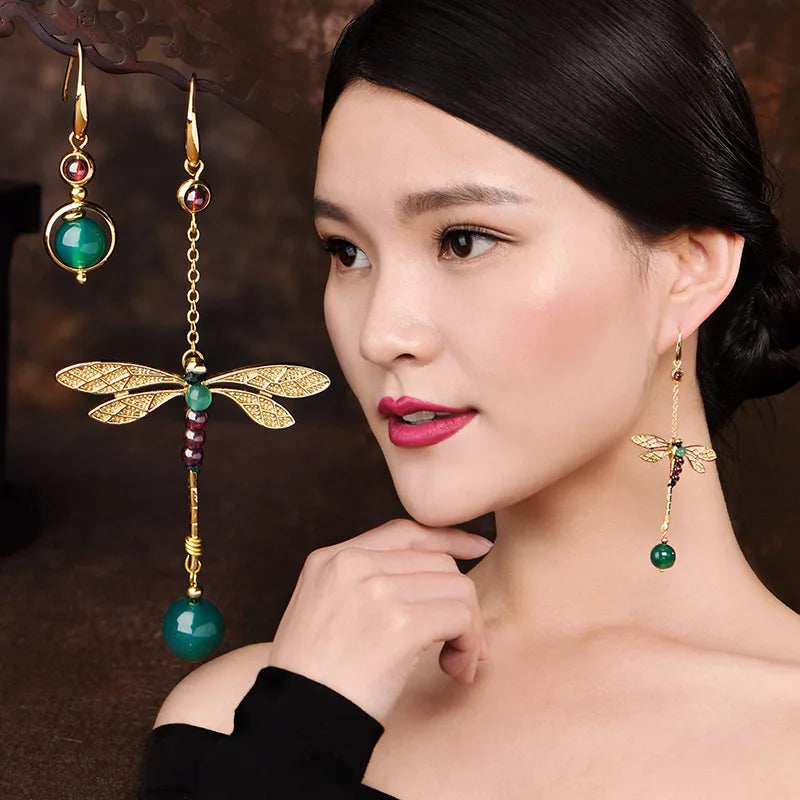 Vintage Dragonfly Stone Bead Dangle Earrings for Women