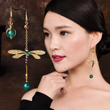 Vintage Dragonfly Stone Bead Dangle Earrings for Women