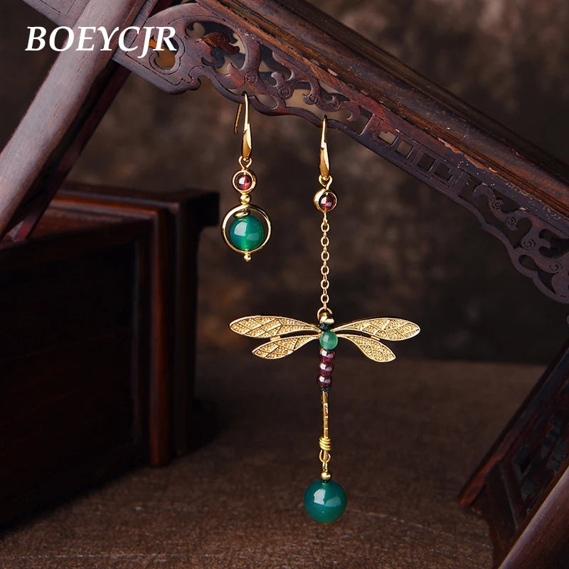 Vintage Dragonfly Stone Bead Dangle Earrings for Women