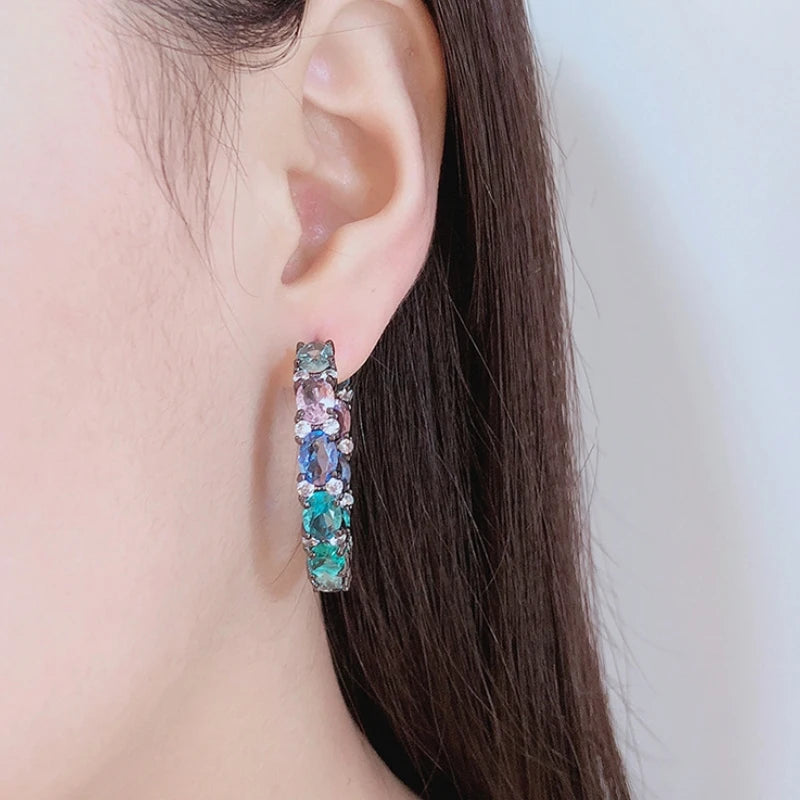 BOHO Big Hoop Earring Bezel Setting Rainbow Colorful Cubic Zirconia