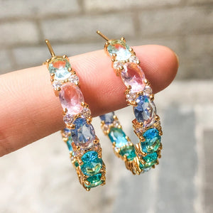 BOHO Big Hoop Earring Bezel Setting Rainbow Colorful Cubic Zirconia