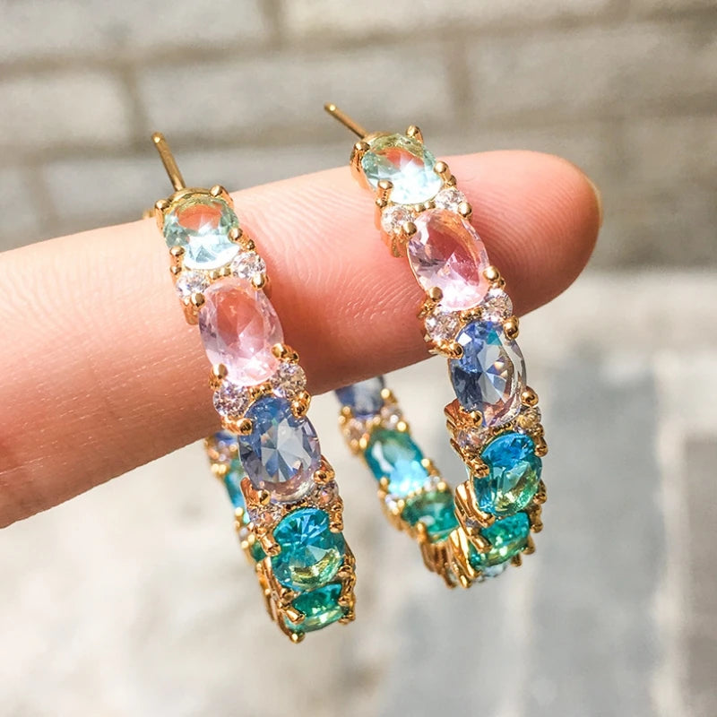 BOHO Big Hoop Earring Bezel Setting Rainbow Colorful Cubic Zirconia