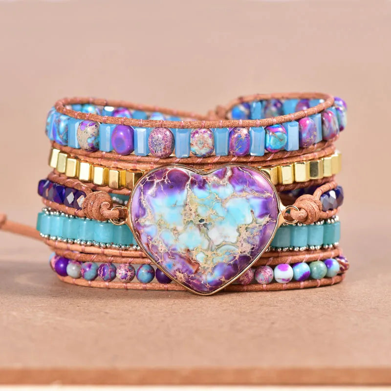 Boho Leather Wrap Bracelet Heart Jasper Women's